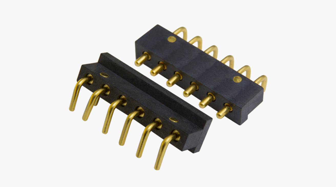 POGO PIN连接器 折弯式：6PIN，电镀黄铜Au10u，电压12V，电流1.5A，工作温度-30°~85°