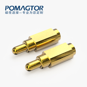 POGO PIN 侧帖式：电镀黄铜Au3u，电压12V，电流1A，工作行程0.8mm:150gfMax，弹力10000次+，工作温度-30°~85°